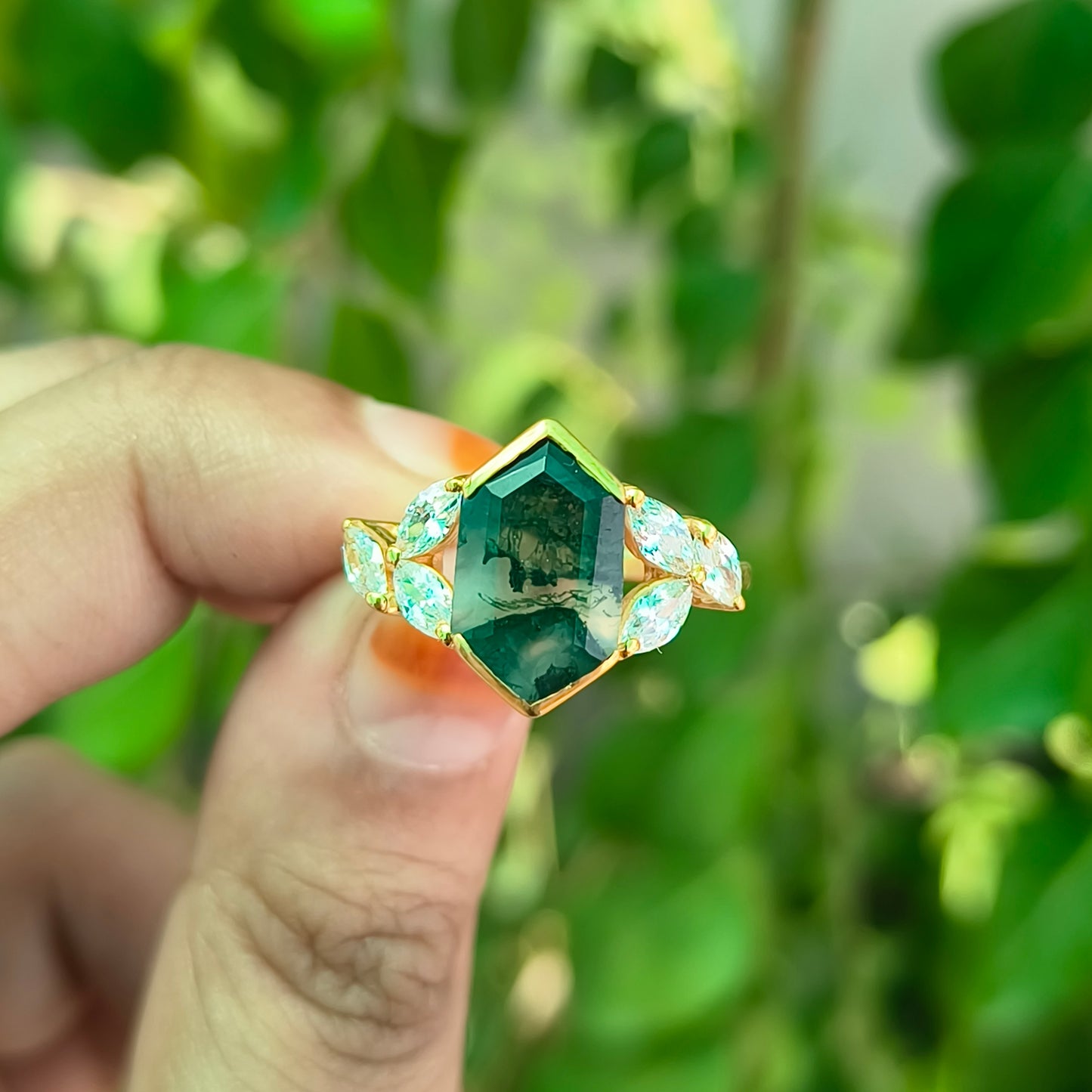 Hexagon Moss Agate Engagement Ring – 925 Sterling Silver