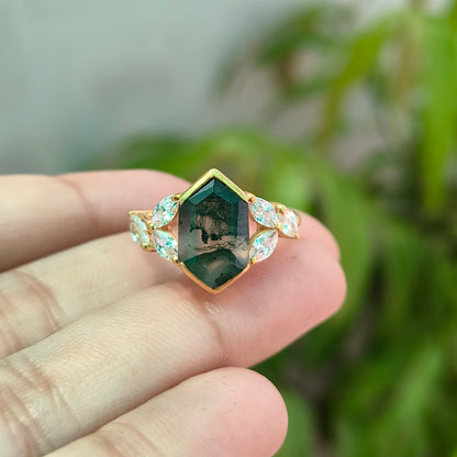 Hexagon Moss Agate Engagement Ring – 925 Sterling Silver