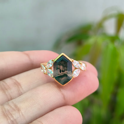 Hexagon Moss Agate Engagement Ring – 925 Sterling Silver