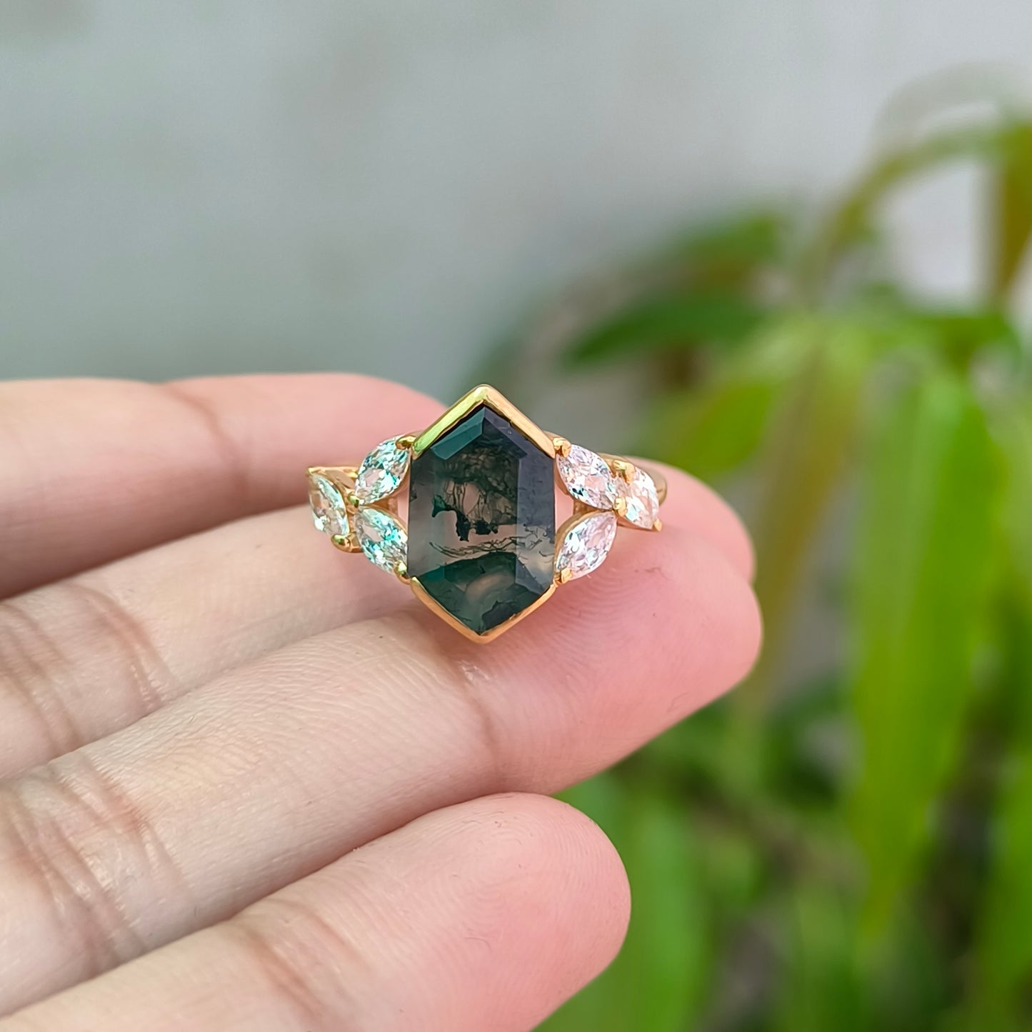 Hexagon Moss Agate Engagement Ring – 925 Sterling Silver