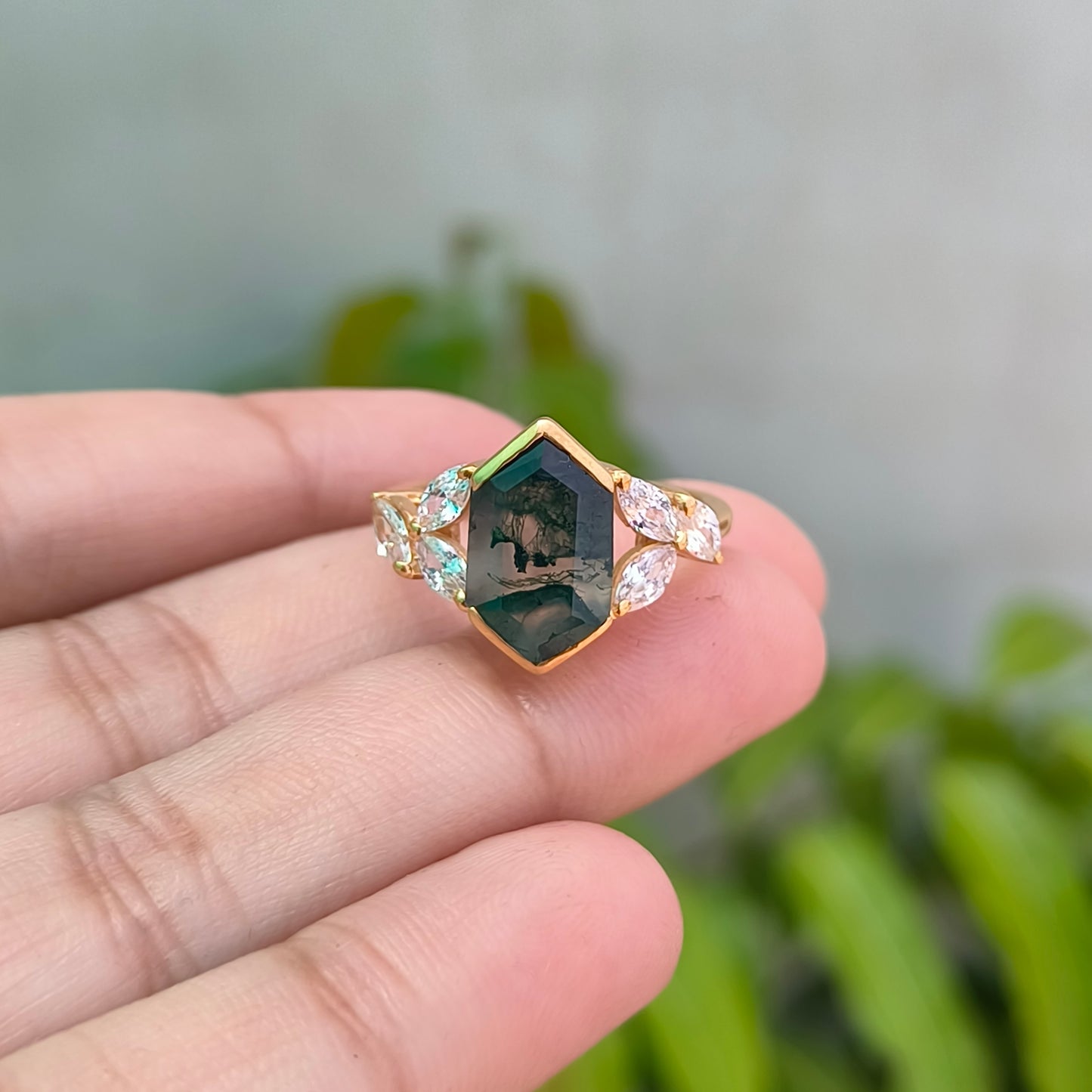 Hexagon Moss Agate Engagement Ring – 925 Sterling Silver
