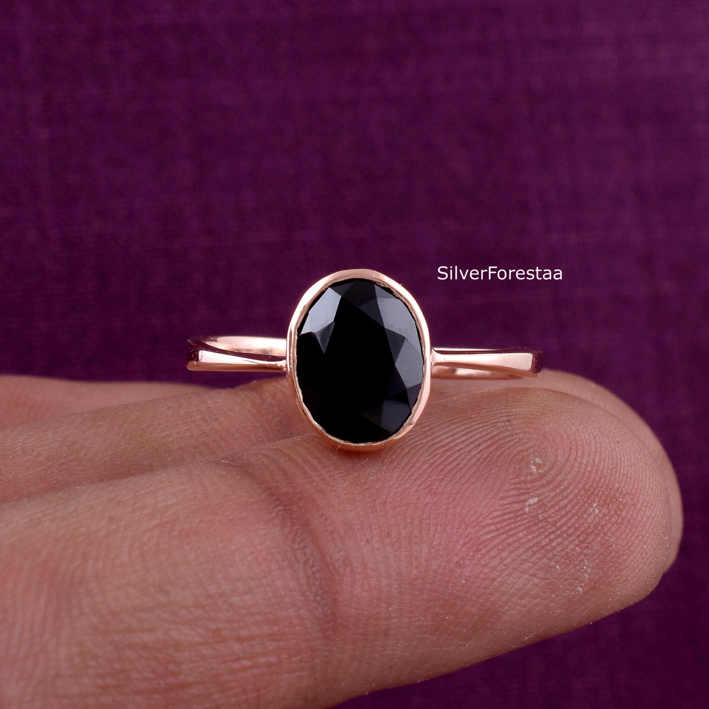 Rose Gold Black Onyx Ring in 925 Sterling Silver