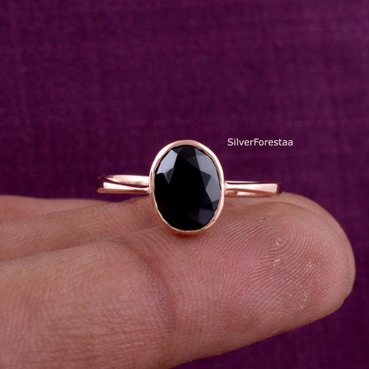 Rose Gold Black Onyx Ring in 925 Sterling Silver