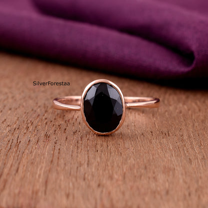 Rose Gold Black Onyx Ring in 925 Sterling Silver