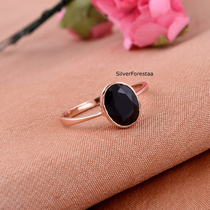 Rose Gold Black Onyx Ring in 925 Sterling Silver