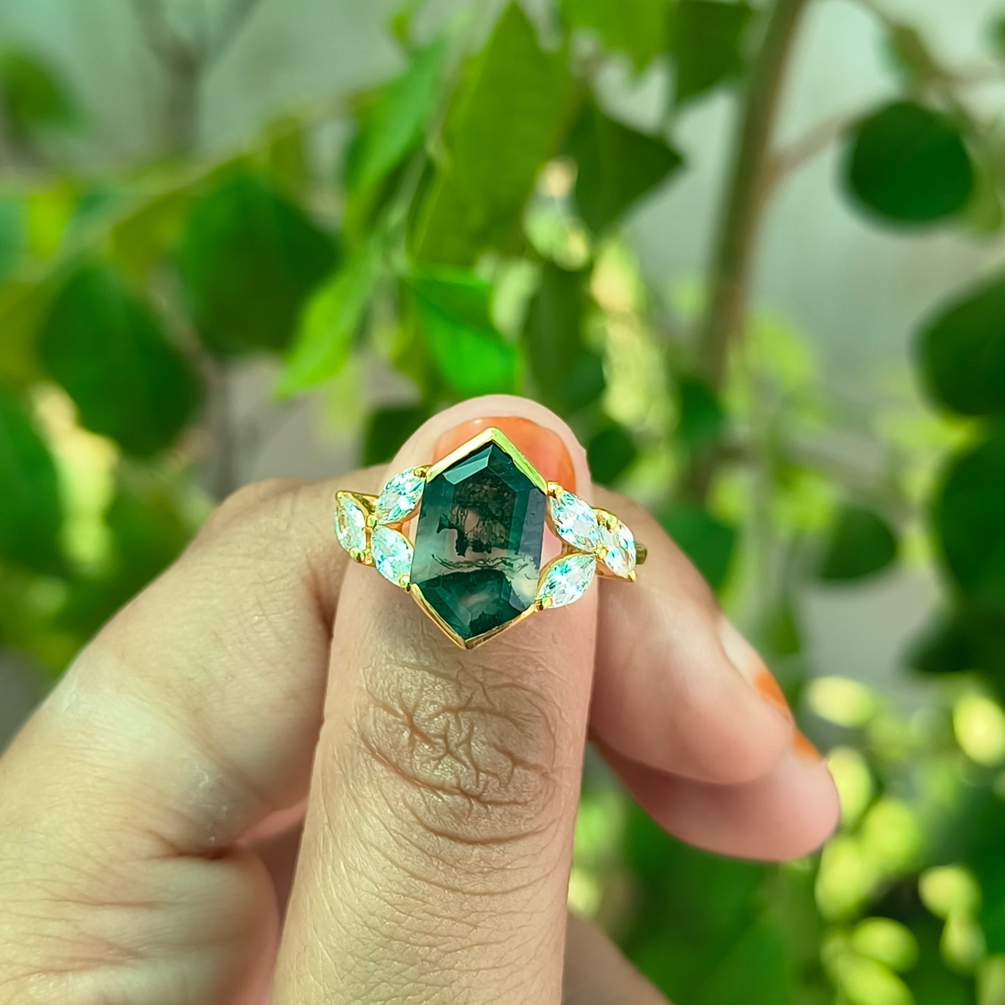 Hexagon Moss Agate Engagement Ring – 925 Sterling Silver