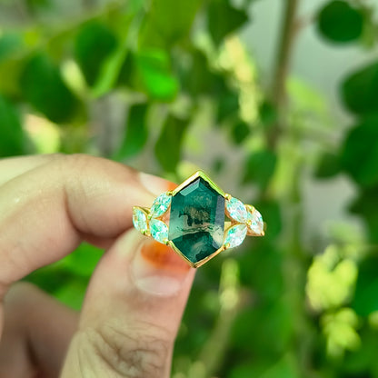 Hexagon Moss Agate Engagement Ring – 925 Sterling Silver