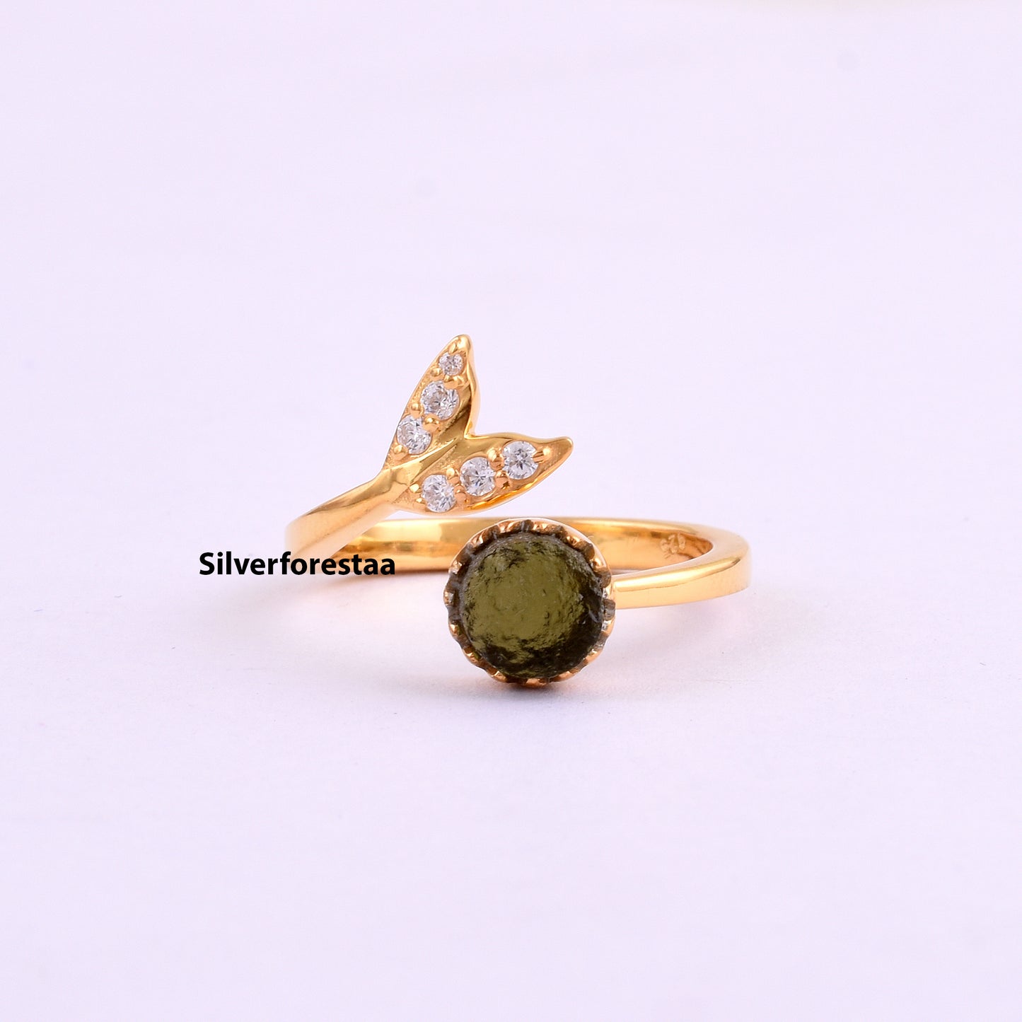 Witchy Leaf Twig Minimalist Moldavite Ring 925 Silver - SilverForestaa