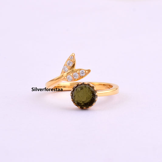 Witchy Leaf Twig Minimalist Moldavite Ring 925 Silver - SilverForestaa