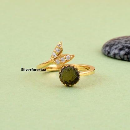 Witchy Leaf Twig Minimalist Moldavite Ring 925 Silver - SilverForestaa