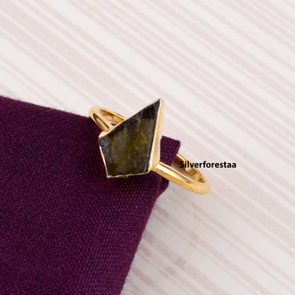Kite Shape Authentic Raw Moldavite Ring Healing Crystal