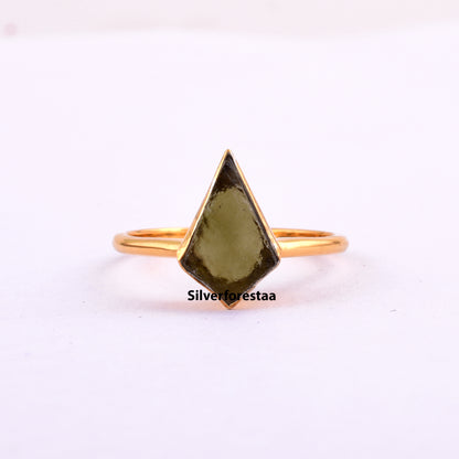 Kite Shape Authentic Raw Moldavite Ring Healing Crystal