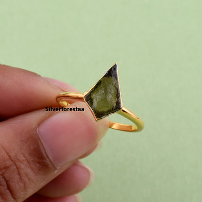 Kite Shape Authentic Raw Moldavite Ring Healing Crystal