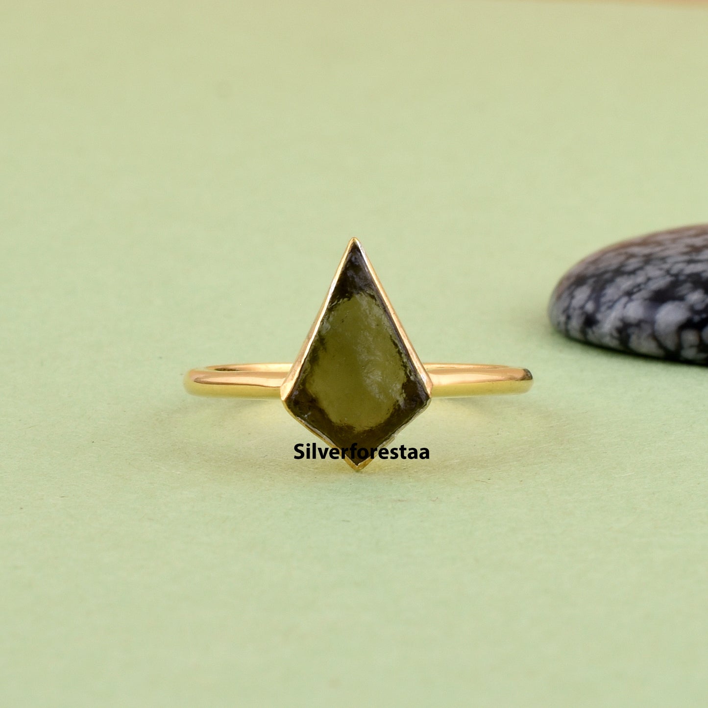 Kite Shape Authentic Raw Moldavite Ring Healing Crystal
