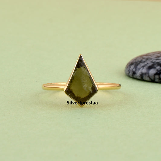 Kite Shape Authentic Raw Moldavite Ring Healing Crystal