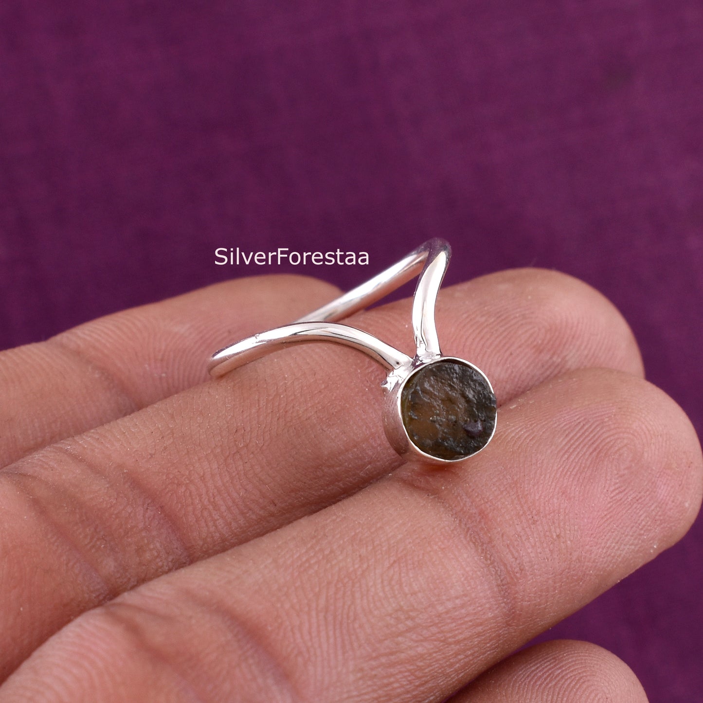 Raw Moldavite Crystal Ring Sterling Silver