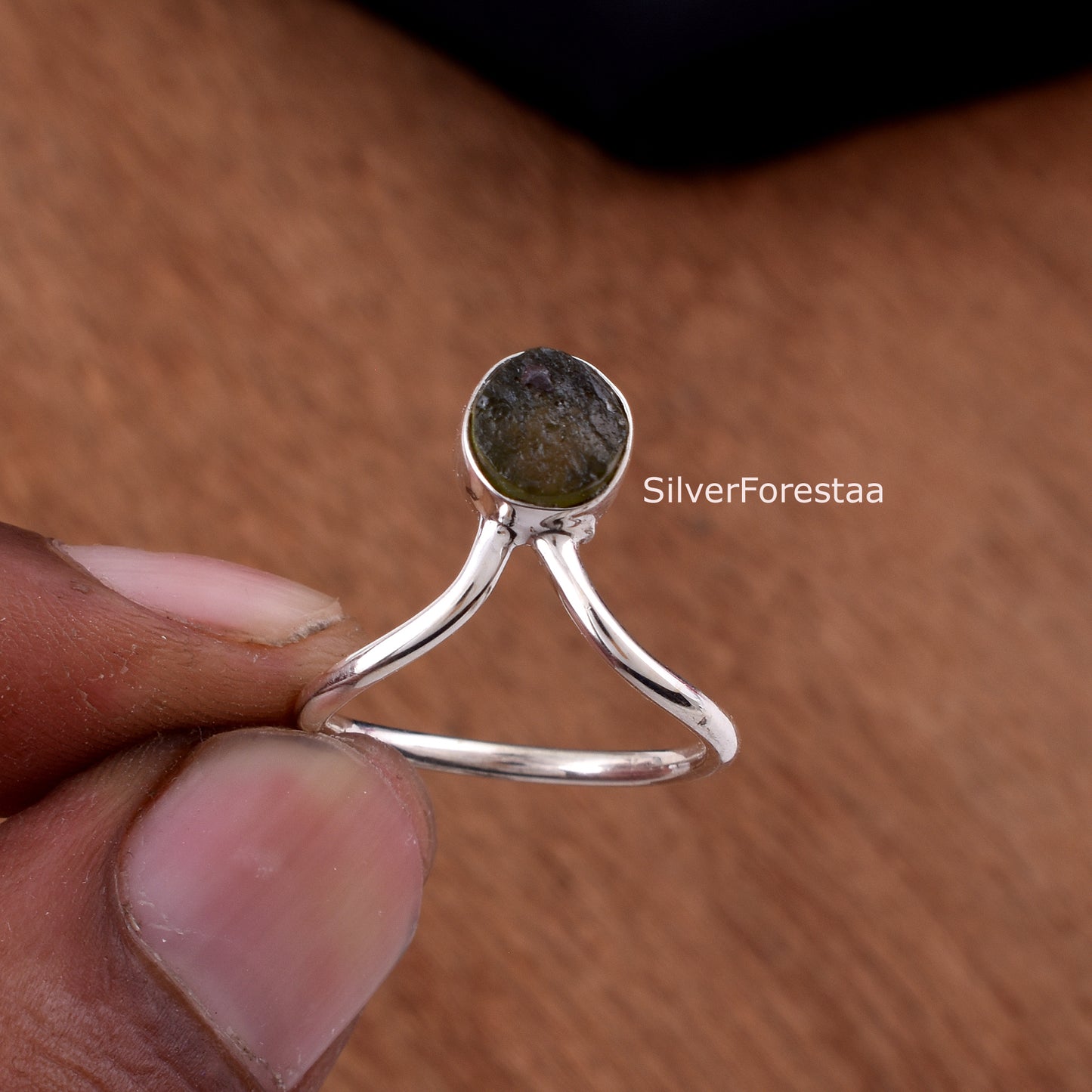Raw Moldavite Crystal Ring Sterling Silver