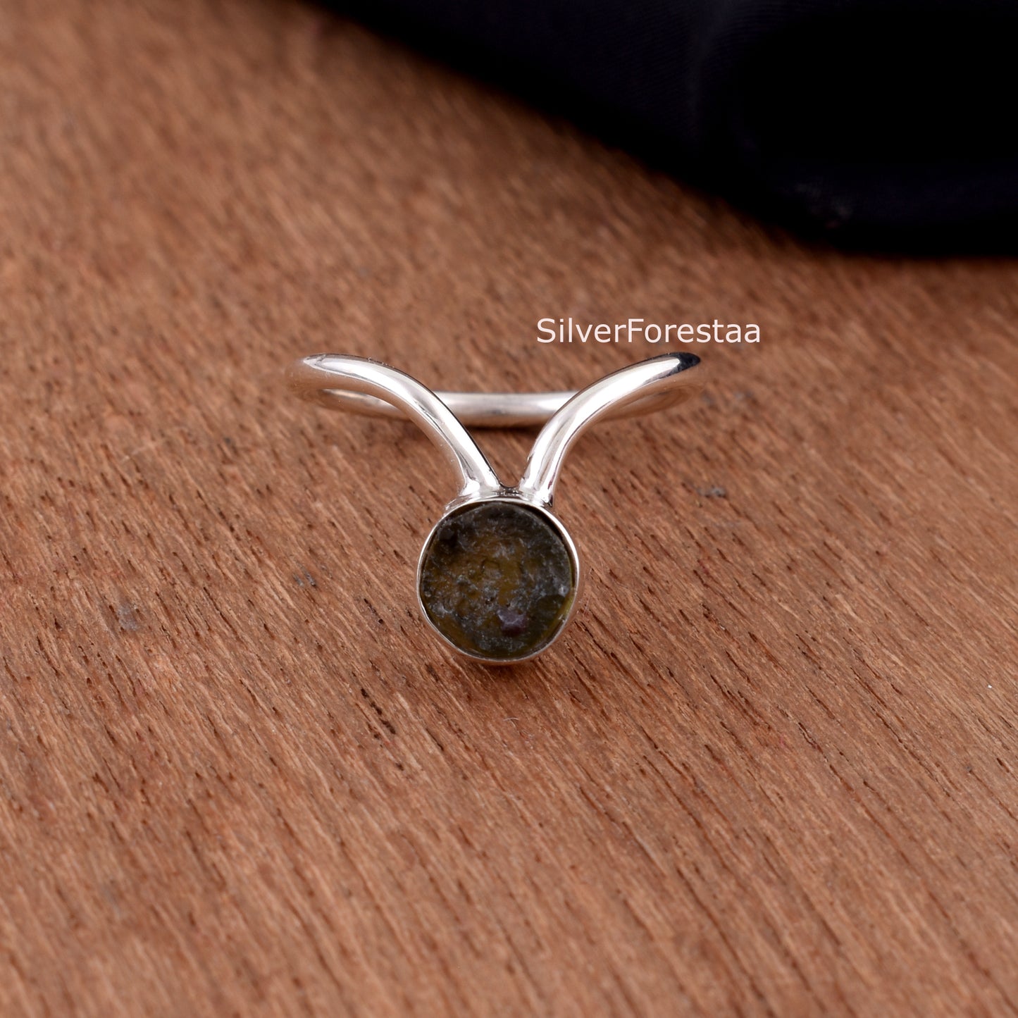 Raw Moldavite Crystal Ring Sterling Silver