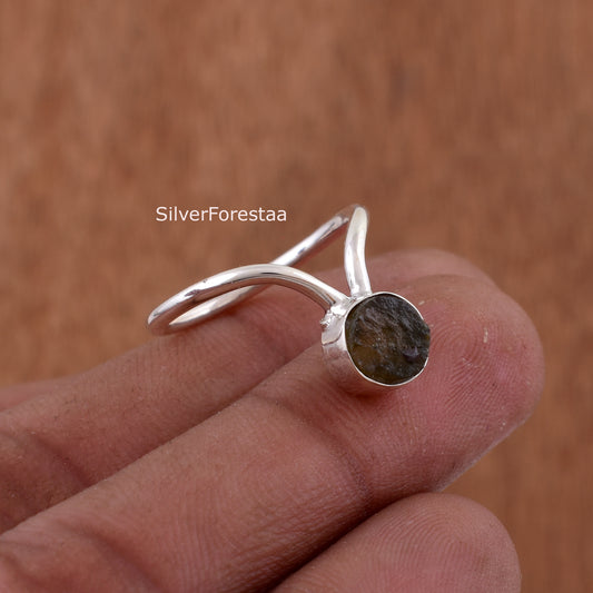 Raw Moldavite Crystal Ring Sterling Silver
