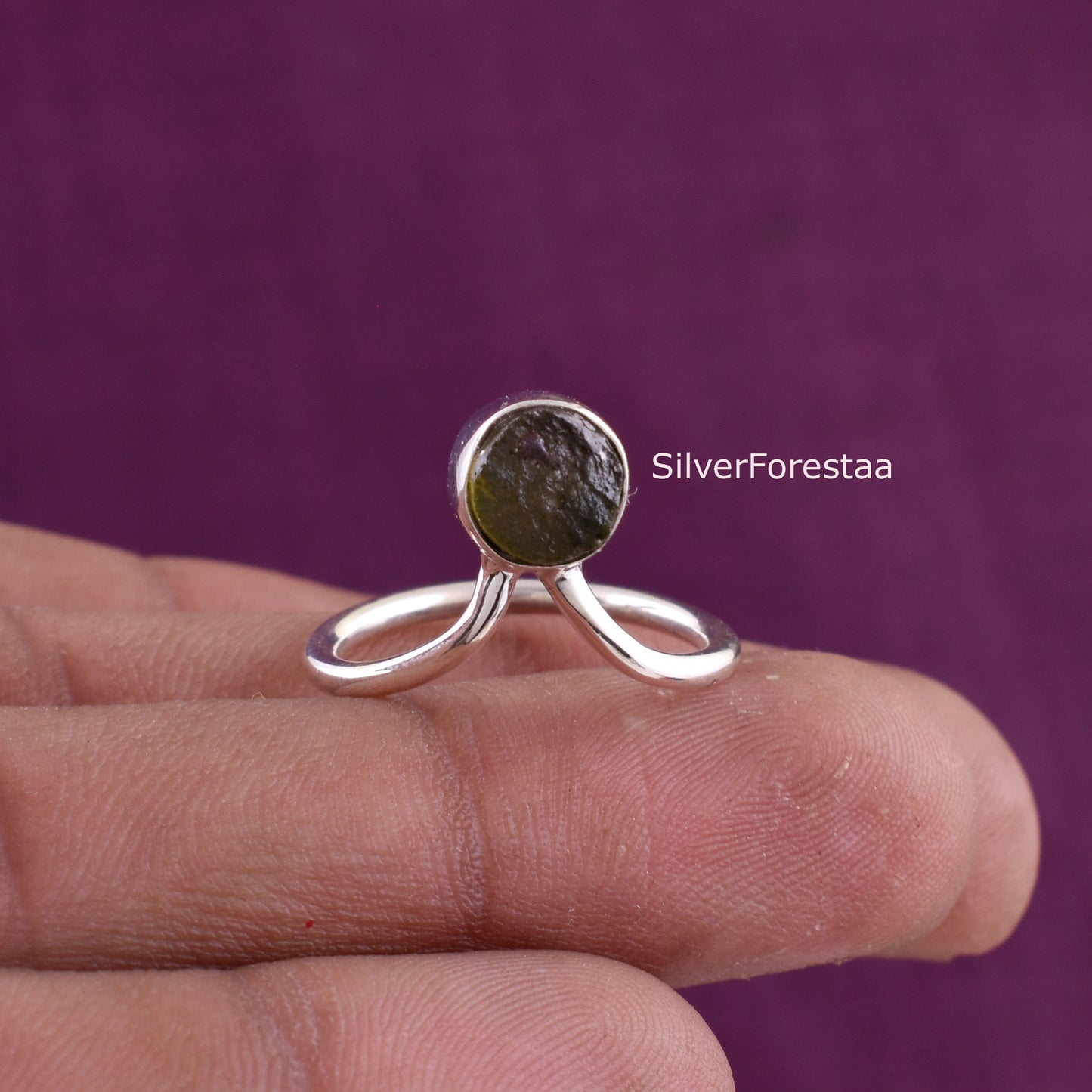 Raw Moldavite Crystal Ring Sterling Silver