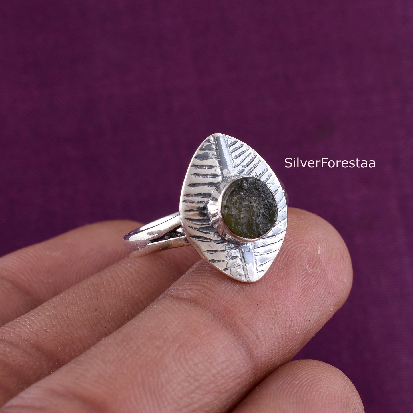 Natural Moldavite Ring 925 Sterling Silver