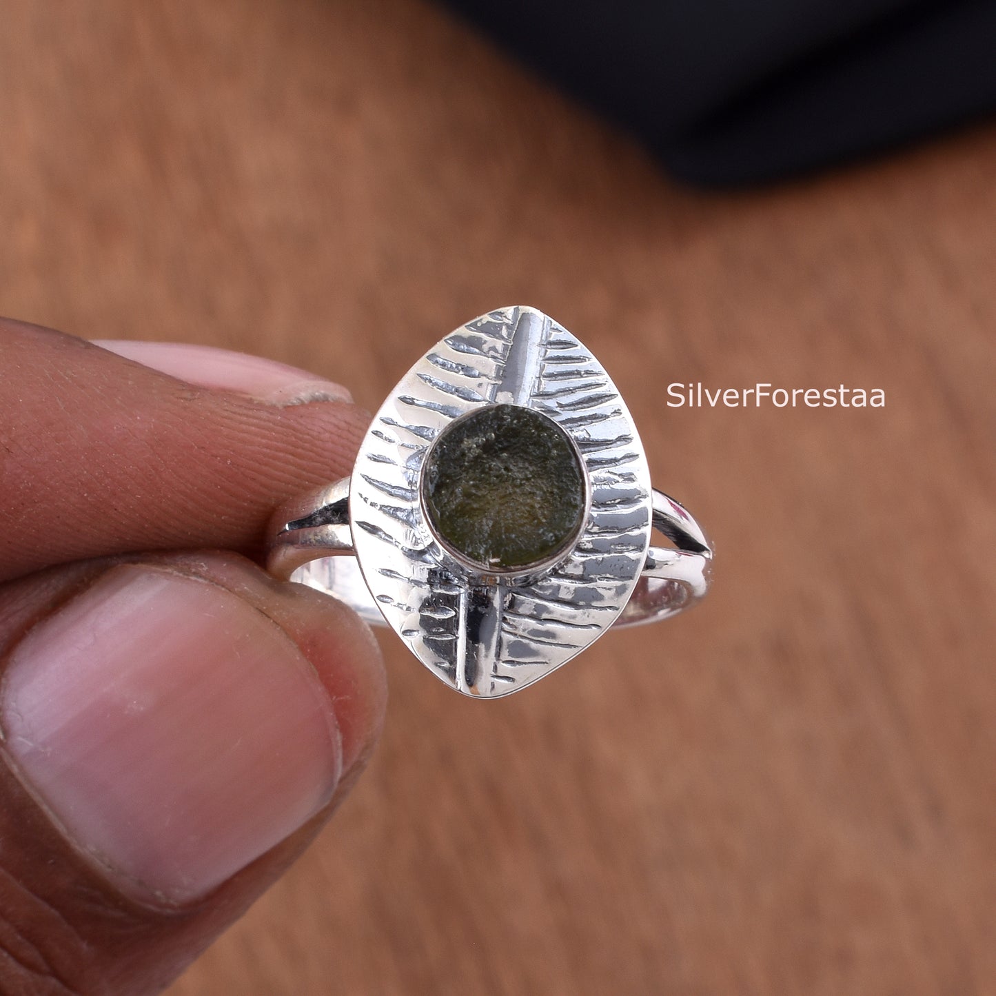 Natural Moldavite Ring 925 Sterling Silver