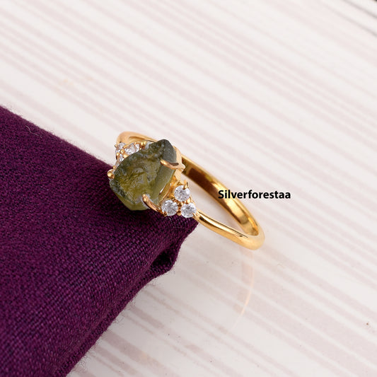 Natural Raw Moldavite 925 Silver Ring