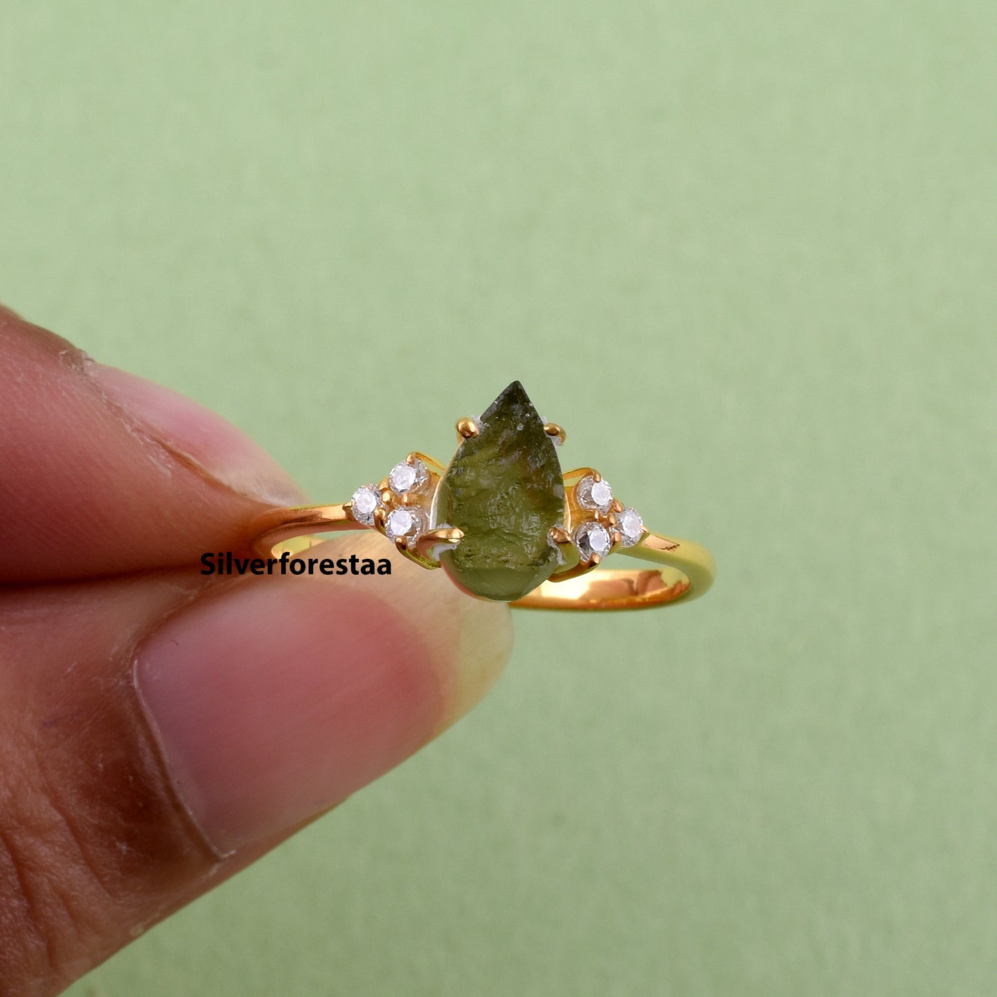 Healing Moldavite Ring | Raw Pear Engagement Ring