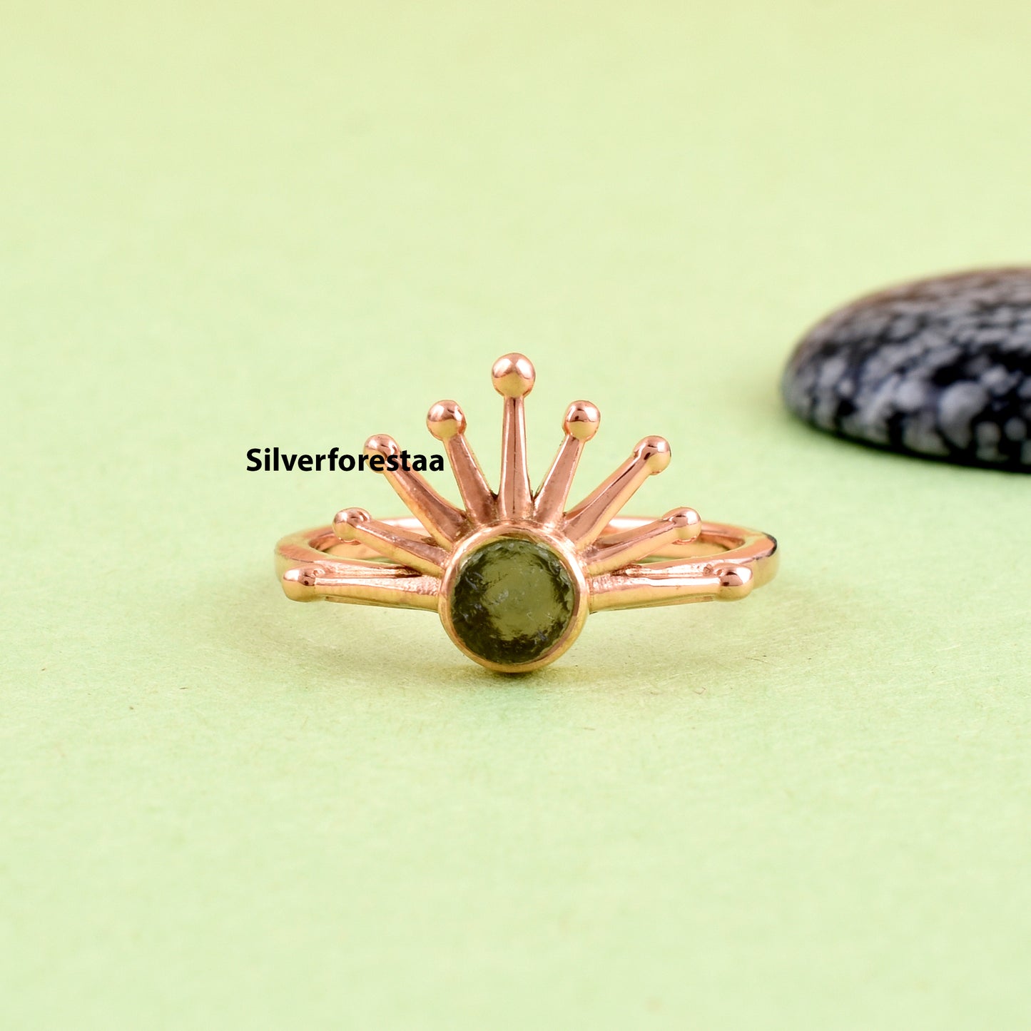 Raw Moldavite Sunburst Ring | Sterling Silver