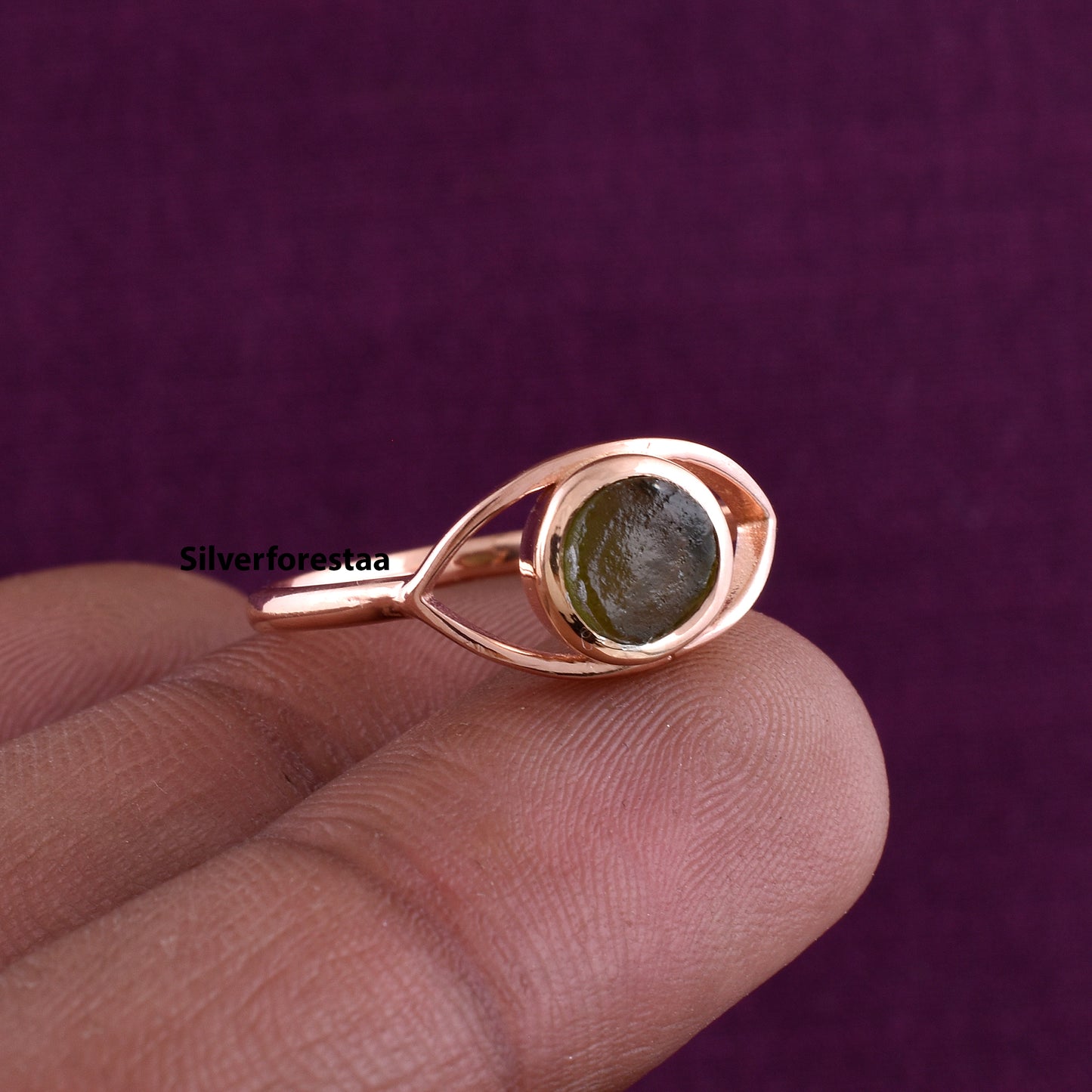 Round Moldavite Ring Dainty Jewelry - SilverForestaa