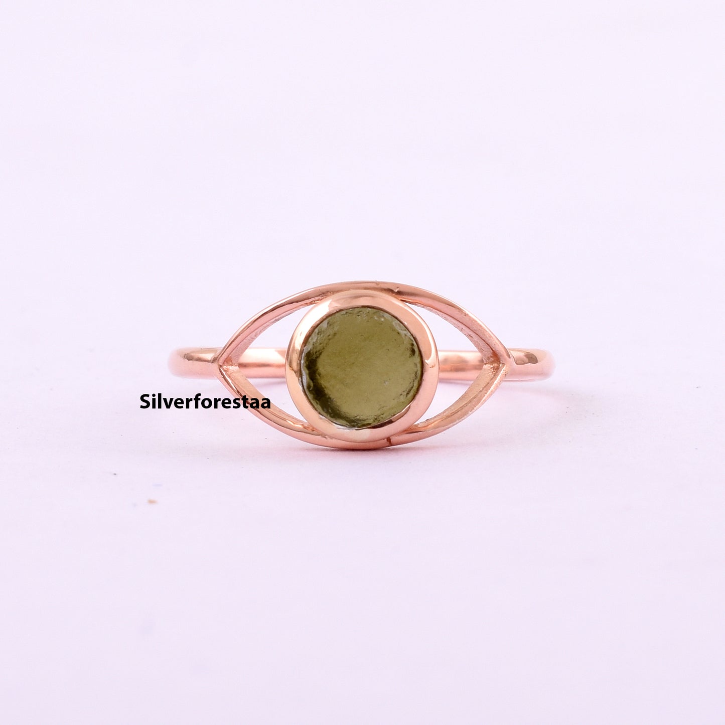 Round Moldavite Ring Dainty Jewelry - SilverForestaa