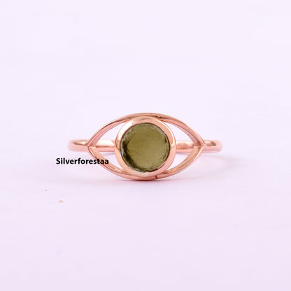 Round Moldavite Ring Dainty Jewelry - SilverForestaa