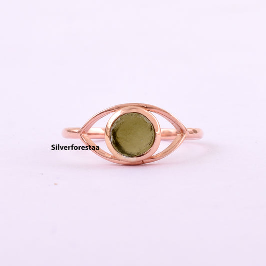 Round Moldavite Ring Dainty Jewelry - SilverForestaa