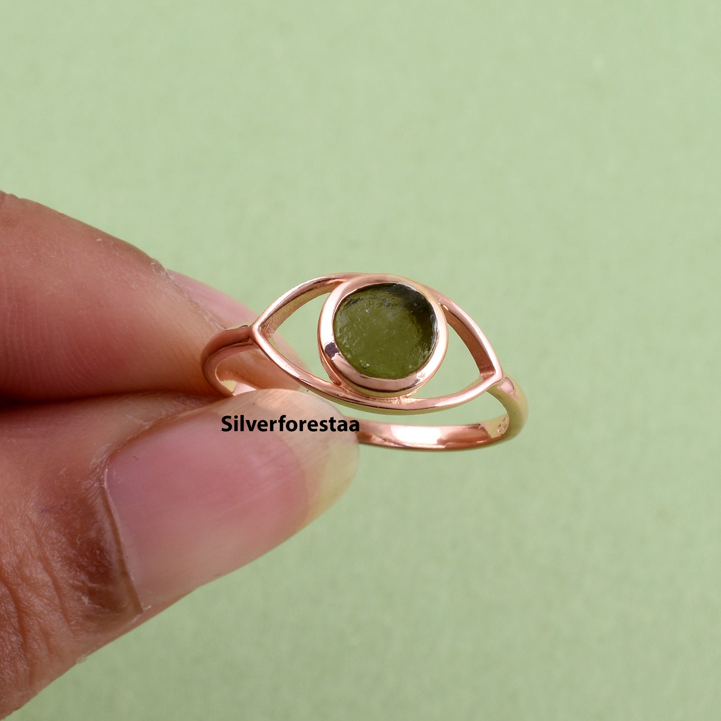 Round Moldavite Ring Dainty Jewelry - SilverForestaa
