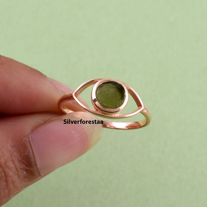 Round Moldavite Ring Dainty Jewelry - SilverForestaa