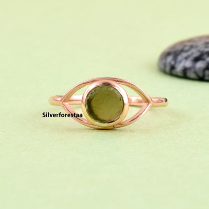 Round Moldavite Ring Dainty Jewelry - SilverForestaa