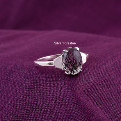 Buy Oval Black Rutile Quartz Ring | SilverForestaa