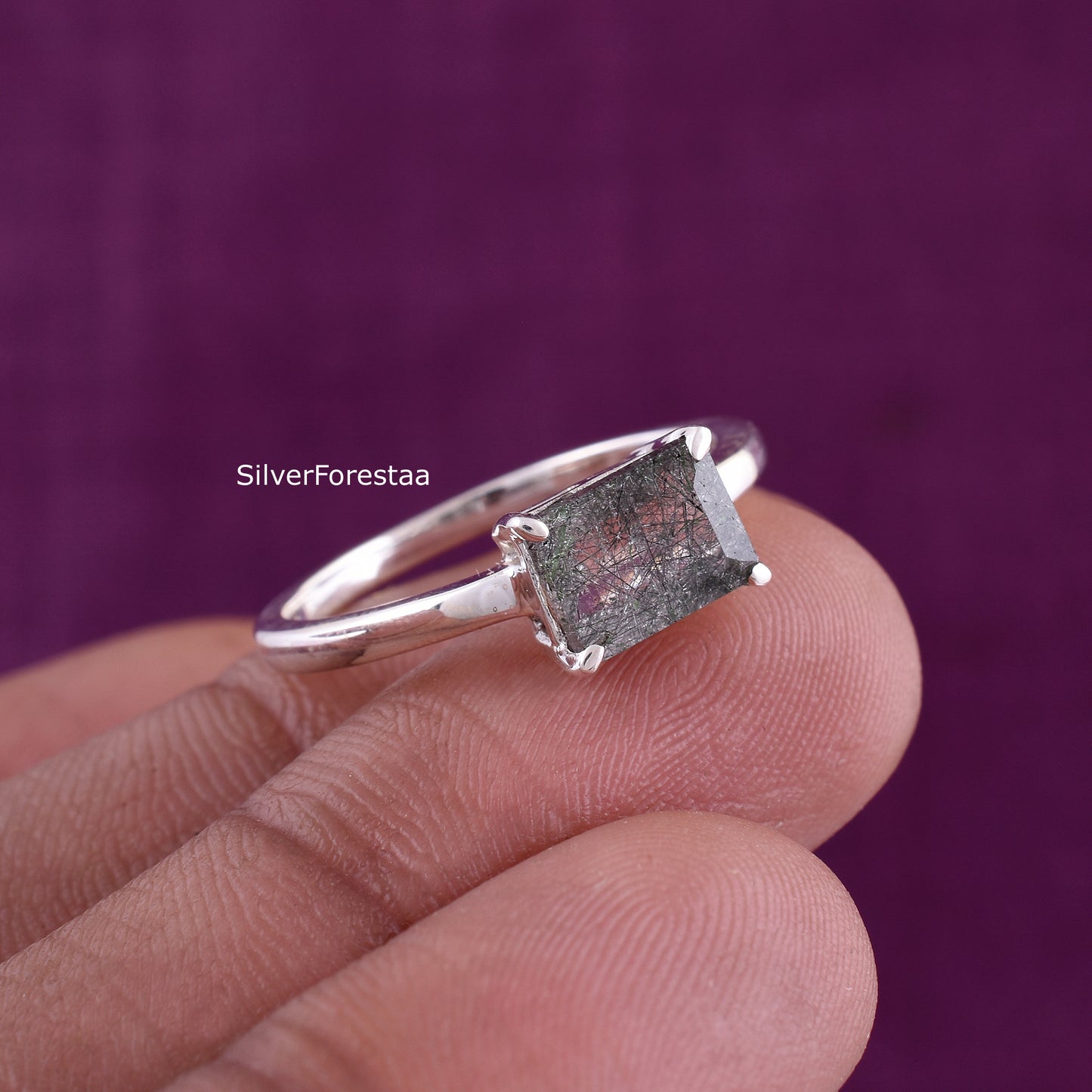 925 Silver Black Rutile Ring – Unique Valentine Gift