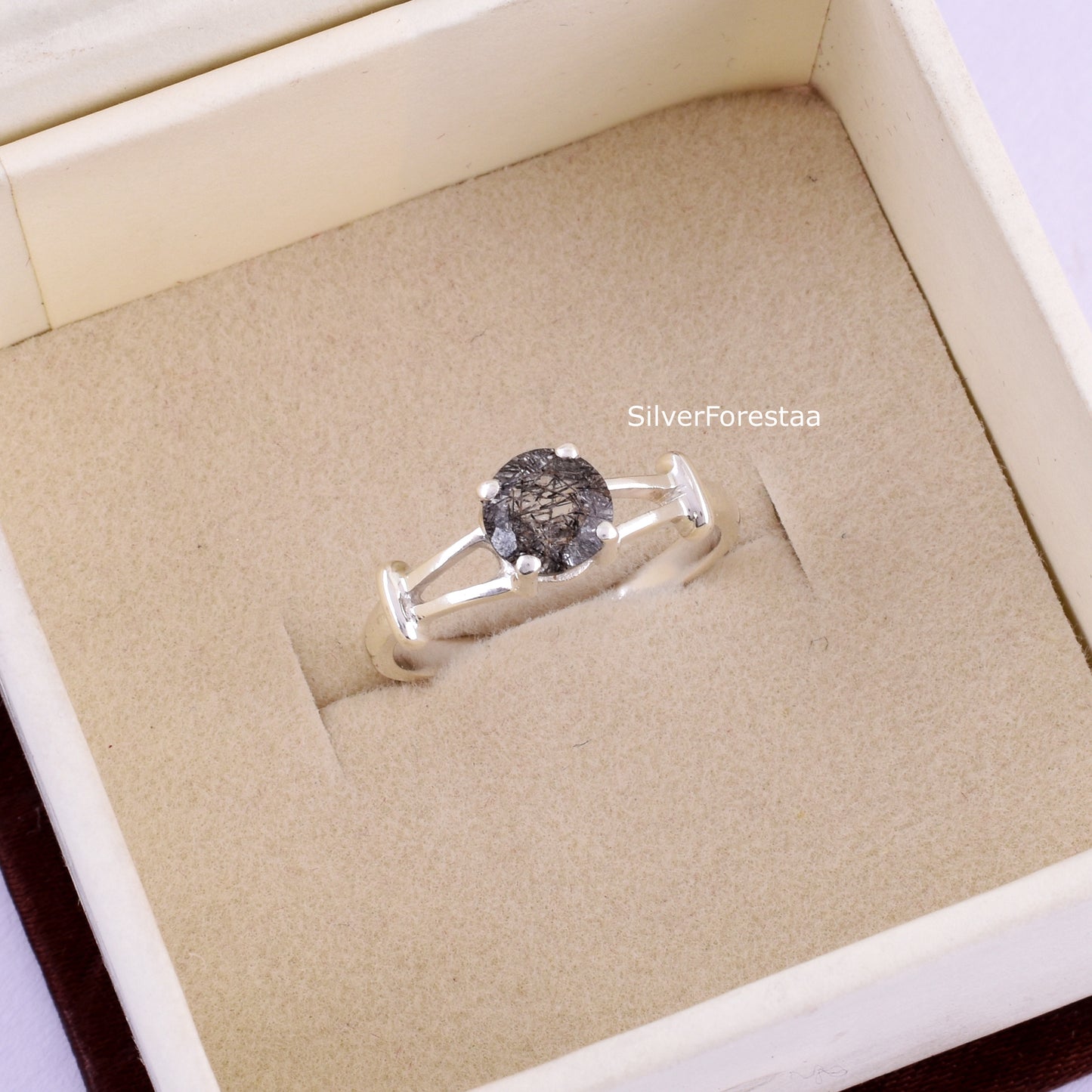 Round Cut Black Rutile Sterling Silver Ring - SilverForestaa