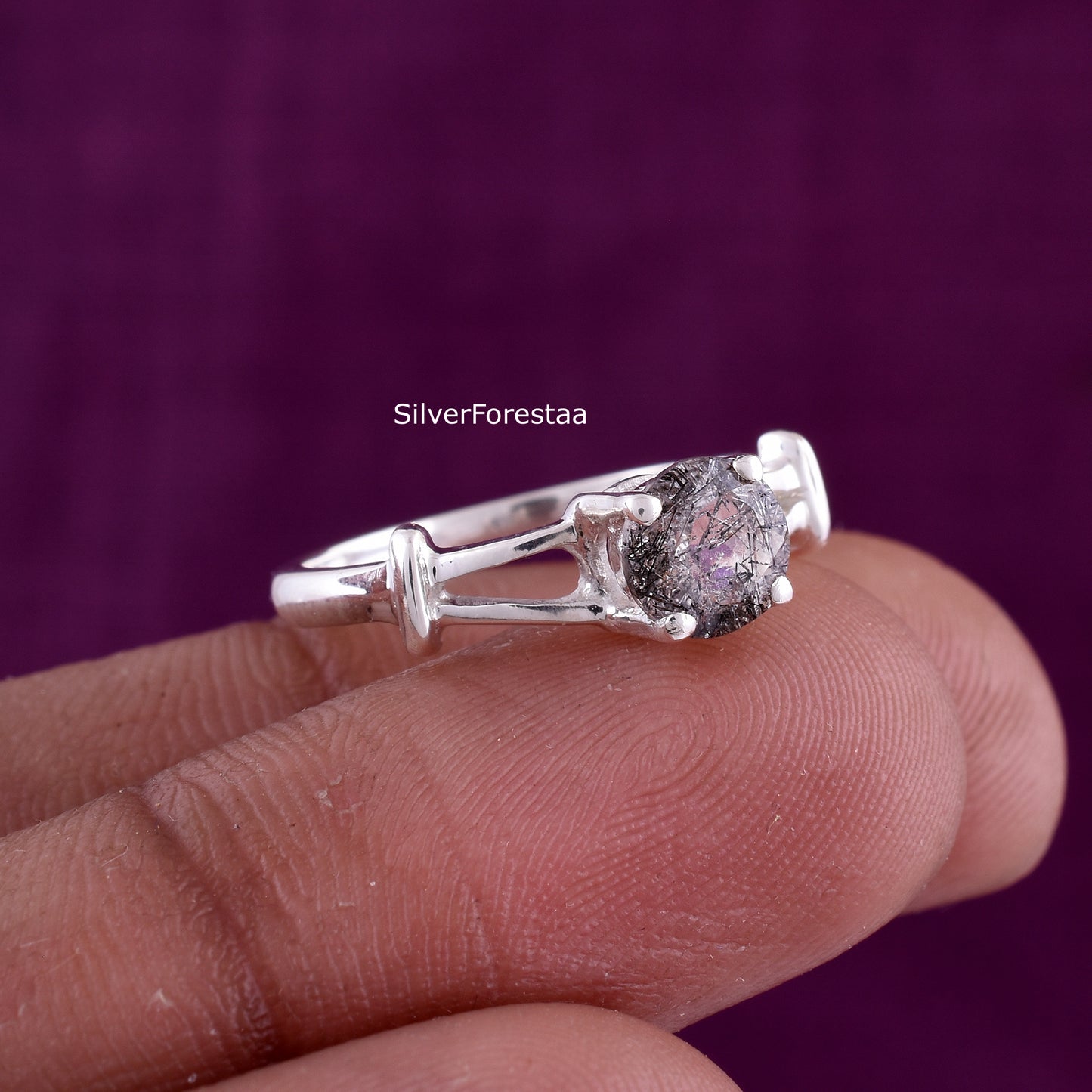 Round Cut Black Rutile Sterling Silver Ring - SilverForestaa