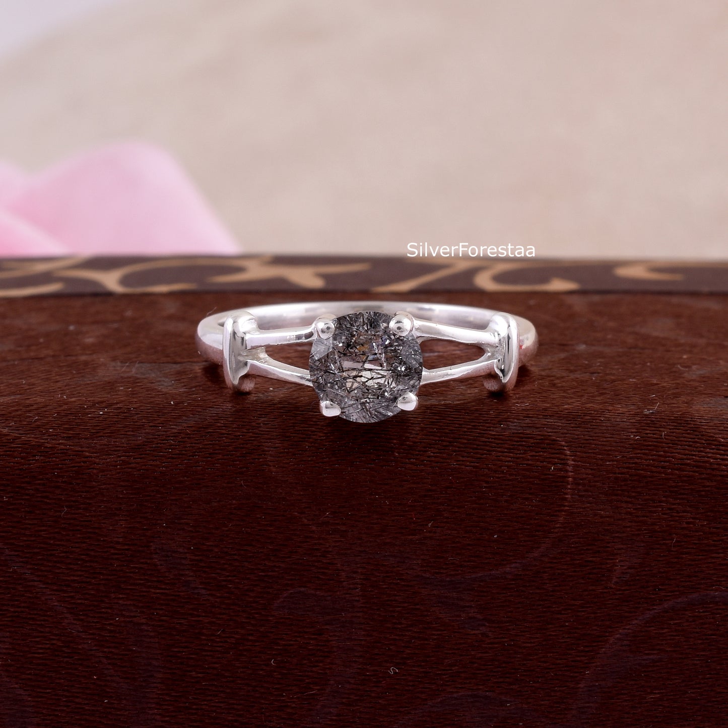 Round Cut Black Rutile Sterling Silver Ring - SilverForestaa