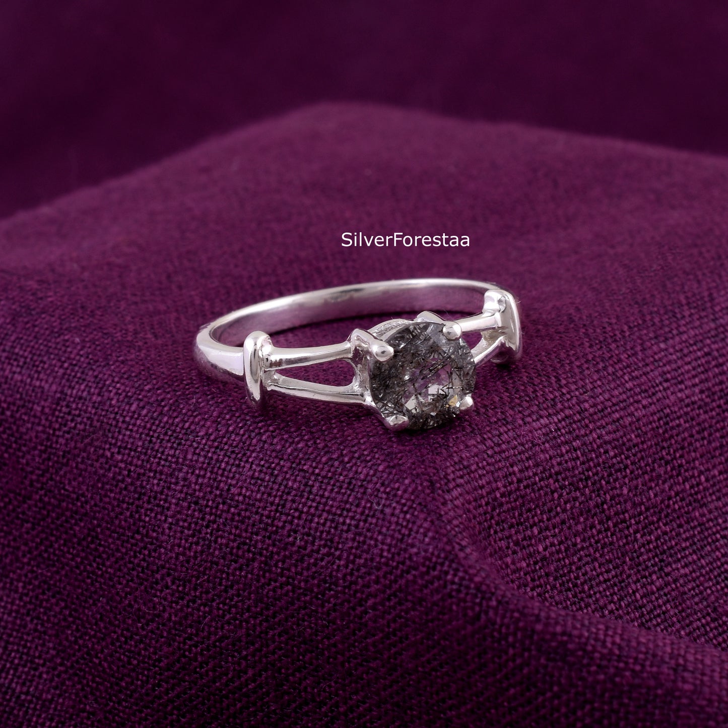 Round Cut Black Rutile Sterling Silver Ring - SilverForestaa