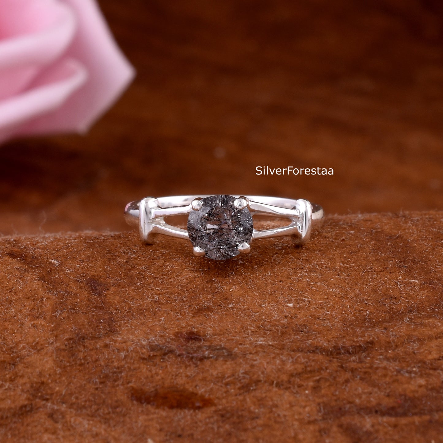 Round Cut Black Rutile Sterling Silver Ring - SilverForestaa