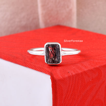 Black Rutile Quartz Ring – Sterling Silver Dainty Jewelry
