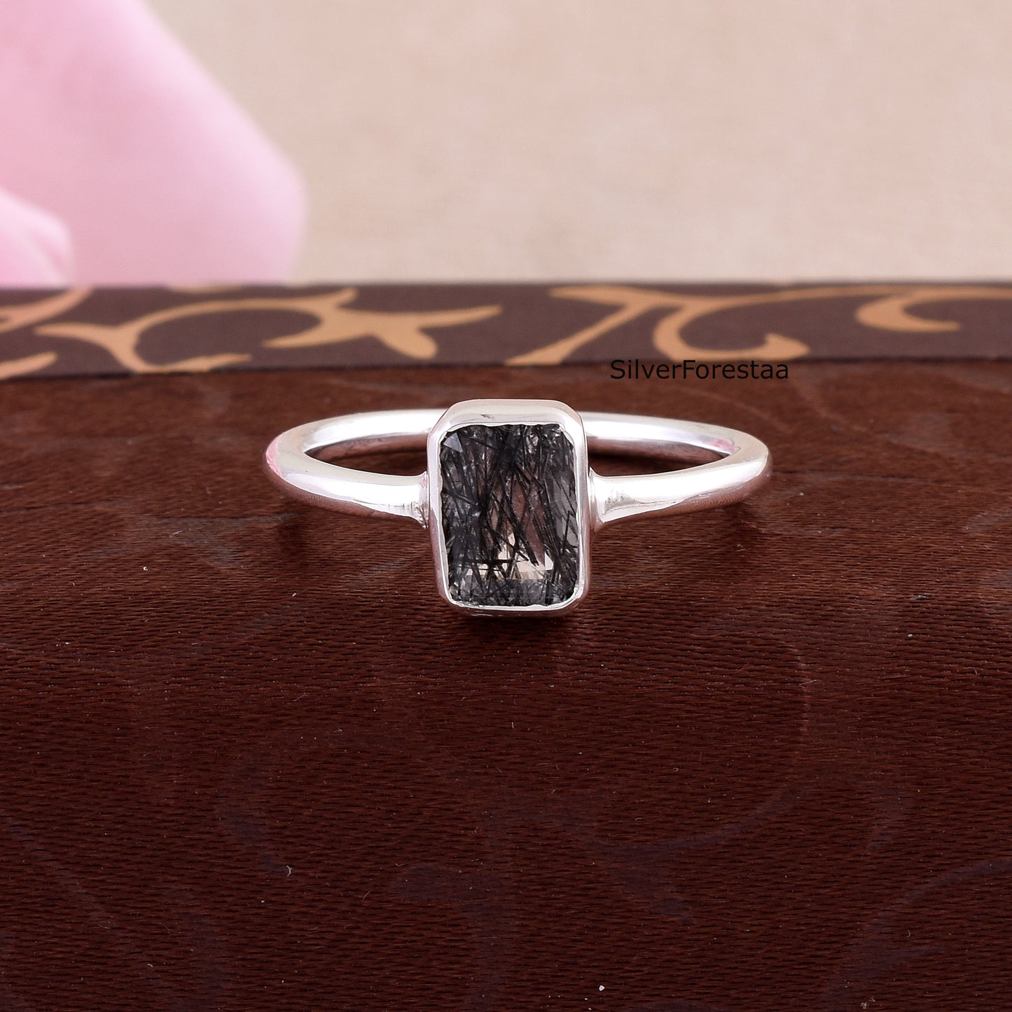 Black Rutile Quartz Ring – Sterling Silver Dainty Jewelry