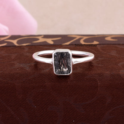 Black Rutile Quartz Ring – Sterling Silver Dainty Jewelry