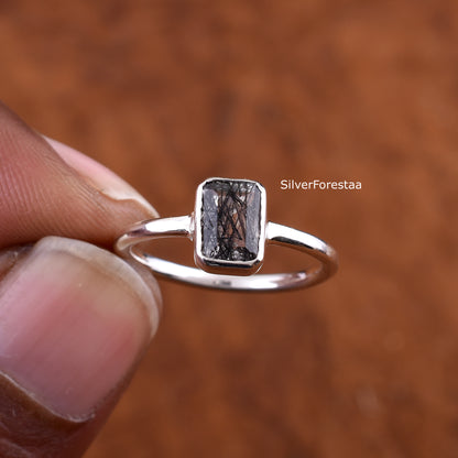 Black Rutile Quartz Ring – Sterling Silver Dainty Jewelry
