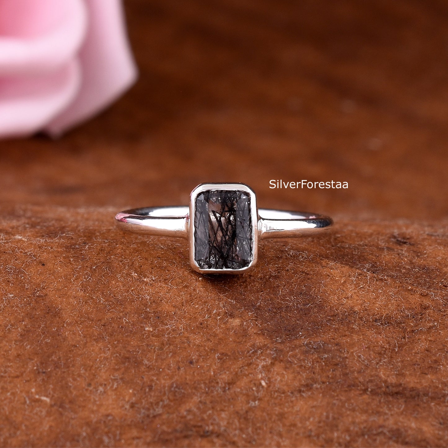 Black Rutile Quartz Ring – Sterling Silver Dainty Jewelry