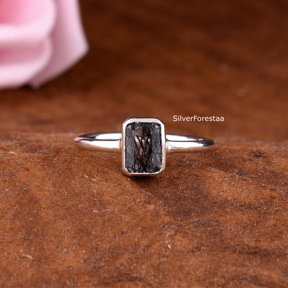 Black Rutile Quartz Ring – Sterling Silver Dainty Jewelry