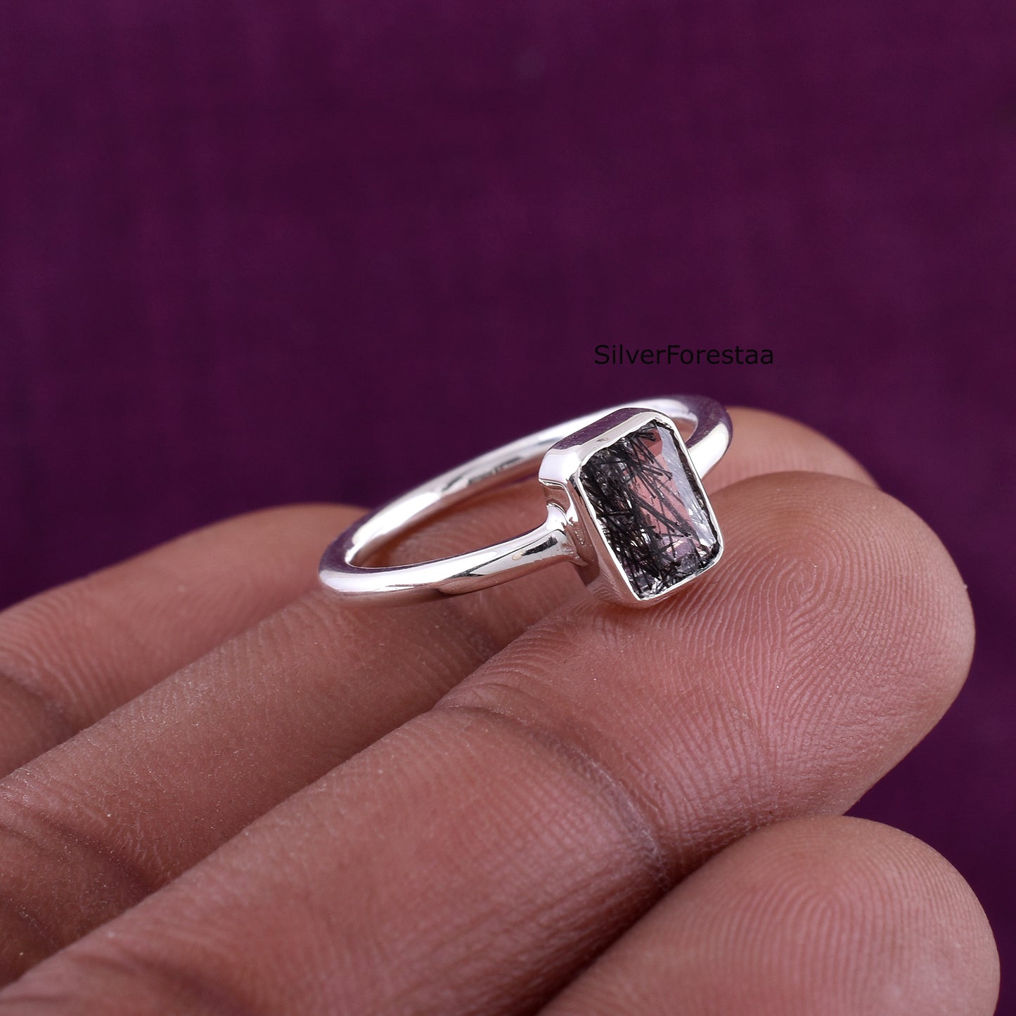 Black Rutile Quartz Ring – Sterling Silver Dainty Jewelry